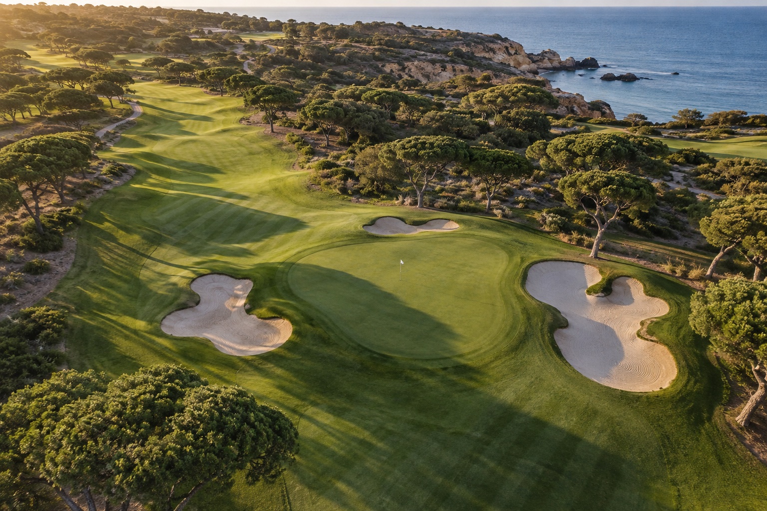AI-generated aerial view of a coastal golf course